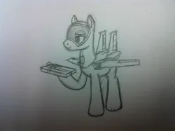 Size: 2592x1936 | Tagged: safe, derpibooru import, oc, unnamed oc, unofficial characters only, original species, plane pony, pony, f-15 eagle, holding, image, jet, jet fighter, jet plane, jpeg, looking sideways, looking to the left, male, pencil drawing, plane, present, raised hoof, ribbon, sideways glance, simple background, smiling, solo, solo male, stallion, standing, traditional art, white background
