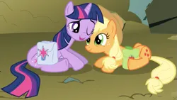 Size: 611x344 | Tagged: safe, derpibooru import, screencap, applejack, twilight sparkle, earth pony, pony, unicorn, dragonshy, season 1, bag, cropped, cute, duo, female, image, jackabetes, lying down, mare, nuzzling, one eye closed, png, prone, saddle bag, smiling, twiabetes, unicorn twilight