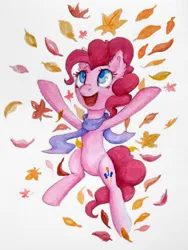 Size: 2048x2729 | Tagged: safe, artist:0okami-0ni, derpibooru import, pinkie pie, earth pony, pony, clothes, female, image, leaves, mare, png, scarf, simple background, solo, traditional art, white background