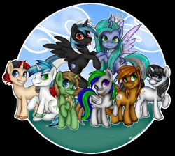 Size: 1280x1148 | Tagged: safe, artist:bumblebun, derpibooru import, oc, unofficial characters only, changeling, earth pony, pegasus, unicorn, backwards ballcap, baseball cap, bracelet, cap, clothes, ear piercing, earring, group, group photo, hat, image, jewelry, jpeg, looking at you, piercing, raised hoof, raspberry, sitting, smiling, tongue out, vest