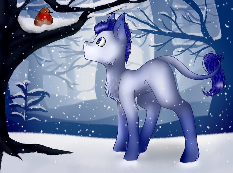 Size: 2048x1521 | Tagged: safe, artist:midnightmagic15, derpibooru import, oc, unofficial characters only, bird, pony, unicorn, chest fluff, forest, image, jpeg, leonine tail, snow, solo, tail, tree