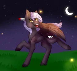 Size: 2048x1895 | Tagged: safe, artist:midnightmagic15, derpibooru import, oc, unofficial characters only, firefly (insect), insect, pegasus, pony, chest fluff, crescent moon, eye clipping through hair, feather, feather in hair, image, jpeg, moon, night, old art, open mouth, open smile, smiling, solo, spread wings, wings