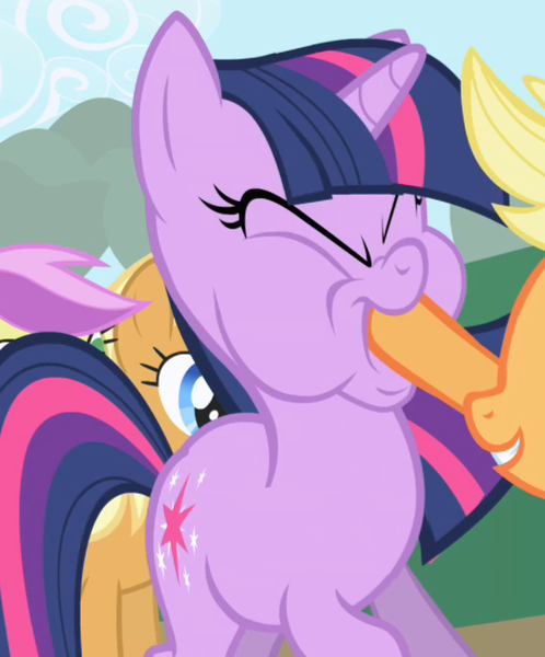 Size: 568x685 | Tagged: safe, derpibooru import, screencap, apple cobbler, applejack, twilight sparkle, violet fritter, earth pony, pony, unicorn, friendship is magic, season 1, apple cider (g4), apple family member, background pony, cropped, eyes closed, female, funny face, hoof in mouth, hoofjack, image, mare, out of context, png, puffy cheeks, unicorn twilight