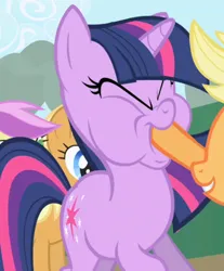Size: 568x685 | Tagged: safe, derpibooru import, screencap, apple cobbler, applejack, twilight sparkle, violet fritter, earth pony, pony, unicorn, friendship is magic, season 1, apple cider (g4), apple family member, background pony, cropped, eyes closed, female, funny face, hoof in mouth, hoofjack, image, mare, out of context, png, puffy cheeks, unicorn twilight
