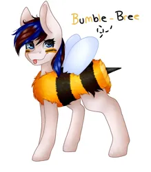 Size: 1813x2071 | Tagged: safe, artist:midnightmagic15, derpibooru import, oc, unofficial characters only, bee pony, original species, pony, animal costume, bee costume, blushing, clothes, costume, image, jpeg, looking at you, raspberry, smiling, solo, spread wings, tongue out, wings