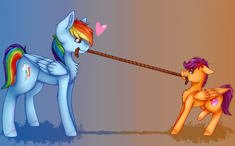 Size: 1024x636 | Tagged: safe, artist:midnightmagic15, derpibooru import, rainbow dash, scootaloo, pegasus, pony, chest fluff, heart, image, jpeg, open mouth, rope, smiling, tug of war