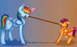 Size: 1024x636 | Tagged: safe, artist:midnightmagic15, derpibooru import, rainbow dash, scootaloo, pegasus, pony, chest fluff, heart, image, jpeg, open mouth, rope, smiling, tug of war