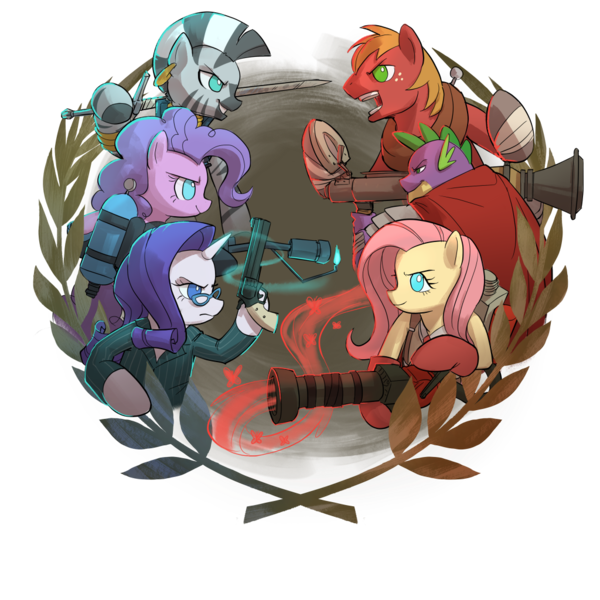 Size: 1024x1024 | Tagged: safe, artist:stupjam, derpibooru import, big macintosh, fluttershy, pinkie pie, rarity, spike, zecora, dragon, earth pony, pegasus, pony, unicorn, zebra, beefspike, democora, female, fluttermedic, heavy mac, heavy weapons guy, image, male, mare, parody, pinkie pyro, png, rarispy, simple background, stallion, team fortress 2, transparent background