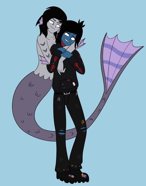 Size: 2351x2992 | Tagged: safe, artist:crock2121, derpibooru import, oc, ponified:kellin quinn, ponified:oliver sykes, human, mermaid, merman, siren, equestria girls, blue background, blushing, boots, bring me the horizon, clothes, commission, duo, duo male, equestria girls-ified, fins, fish tail, from behind, gay, grin, happy, hoodie, hug, image, jeans, jewelry, jpeg, lip piercing, male, necklace, pants, piercing, ripped jeans, ripped pants, scales, shipping, shoes, simple background, sleeping with sirens, smiling, tail, torn clothes