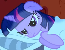 Size: 756x583 | Tagged: safe, derpibooru import, screencap, twilight sparkle, pony, unicorn, friendship is magic, season 1, angry, bed, cropped, female, floppy ears, frown, golden oaks library, grumpy, grumpy twilight, holding, image, library, lying down, mare, moonlight, night, pillow, png, side, solo, twilight sparkle is not amused, unamused, unicorn twilight, upset