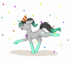 Size: 2048x1840 | Tagged: safe, artist:midnightmagic15, derpibooru import, oc, unofficial characters only, unicorn, birthday, confetti, floppy ears, happy, hat, image, jpeg, open mouth, open smile, party hat, raised hoof, raised leg, smiling, solo