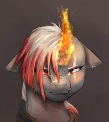 Size: 1463x1640 | Tagged: safe, artist:midnightmagic15, derpibooru import, pony, unicorn, angry, bust, curved horn, eye scar, facial scar, fire, floppy ears, glow, glowing horn, hair over one eye, horn, image, jpeg, looking at you, scar, snarling, solo