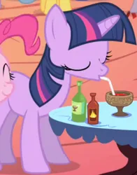 Size: 337x430 | Tagged: safe, derpibooru import, screencap, lemon hearts, pinkie pie, twilight sparkle, earth pony, pony, unicorn, friendship is magic, season 1, cropped, drinking, eyes closed, female, goblet, hot sauce, image, mare, offscreen character, png, solo focus, unicorn twilight