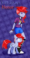 Size: 600x1176 | Tagged: safe, artist:fluterloo, derpibooru import, oc, oc:virtuous honor, unofficial characters only, human, pegasus, pony, equestria girls, image, jpeg, looking at you, looking offscreen, pattern, simple background, solo, text