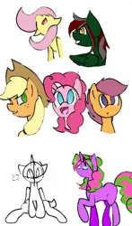 Size: 600x1019 | Tagged: safe, artist:fluterloo, derpibooru import, applejack, fluttershy, pinkie pie, scootaloo, oc, earth pony, pegasus, pony, unicorn, colored, eyes closed, flat colors, happy, image, jpeg, looking forward, looking offscreen, simple background, sketch, smiling