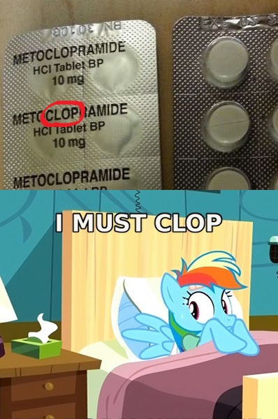 Size: 398x600 | Tagged: suggestive, derpibooru import, edit, edited screencap, screencap, rainbow dash, pegasus, pony, read it and weep, bed, caption, cropped, female, hospital bed, image, image macro, implied clopping, irl, jpeg, mare, medicine, metoclopramide, photo, pillow, pills, solo, sweat, text, tissue, tissue box