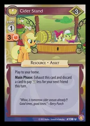 Size: 344x480 | Tagged: safe, derpibooru import, apple bloom, applejack, granny smith, the super speedy cider squeezy 6000, absolute discord, barrel, ccg, cider, enterplay, image, jpeg, merchandise, stand