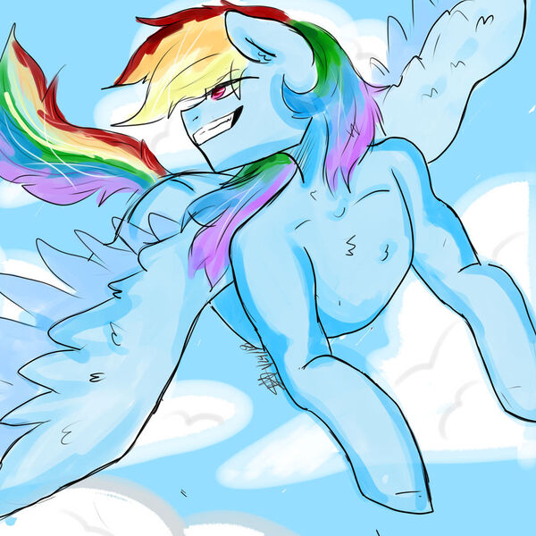 Size: 1024x1024 | Tagged: safe, artist:captainloafnugget, derpibooru import, rainbow dash, pegasus, cloud, flying, grin, human shoulders, image, jpeg, looking to the left, sideways glance, smiling, solo