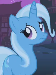 Size: 484x645 | Tagged: safe, derpibooru import, screencap, trixie, pony, unicorn, boast busters, season 1, cropped, cute, diatrixes, female, fraud, frown, image, mare, night, png, sad
