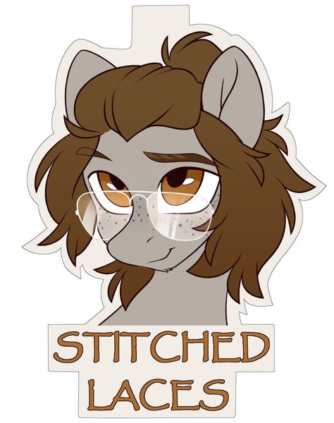 Size: 1500x1900 | Tagged: safe, artist:crimmharmony, derpibooru import, oc, oc:stitched laces, unofficial characters only, badge, bust, freckles, glasses, image, jpeg, smiling, solo