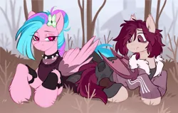 Size: 1259x802 | Tagged: safe, artist:crimmharmony, derpibooru import, oc, oc:crimm harmony, unofficial characters only, bat pony, pegasus, choker, clothes, eye clipping through hair, flower, flower in hair, forest, image, jacket, jpeg, lidded eyes, lying down, prone, spiked choker, tree