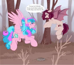 Size: 1550x1358 | Tagged: safe, artist:crimmharmony, derpibooru import, oc, oc:crimm harmony, unofficial characters only, bat pony, pegasus, pony, angry, dialogue, eye clipping through hair, eyebrows, eyebrows visible through hair, flying, forest, image, jpeg, lidded eyes, mine, smug, spread wings, tree, wings