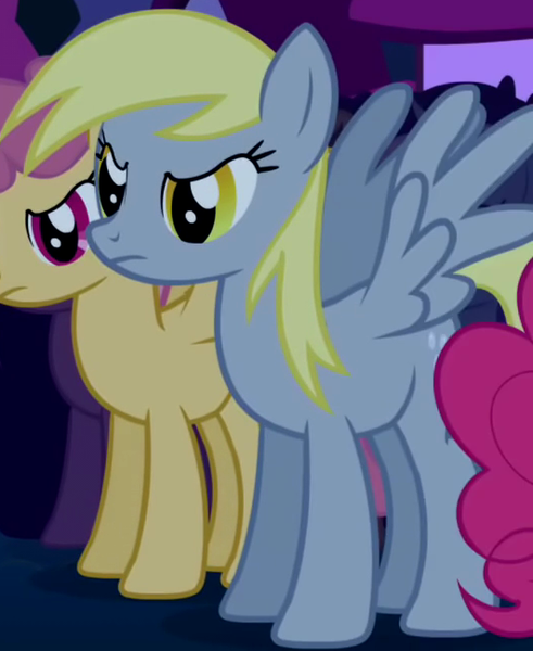 Size: 531x649 | Tagged: safe, derpibooru import, screencap, derpy hooves, dizzy twister, orange swirl, pinkie pie, pegasus, pony, boast busters, season 1, angry, background pony, cropped, derpy hooves is not amused, female, image, mare, offscreen character, png, spread wings, unamused, underp, upset, wings