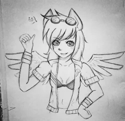 Size: 599x581 | Tagged: safe, artist:noah-nyan, derpibooru import, rainbow dash, human, pegasus, clothes, female, goggles, goggles on head, image, jpeg, open clothes, open shirt, photo, sketch, smiling, solo, spread wings, thumbs up, wings, wristband