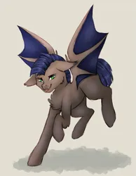 Size: 645x833 | Tagged: artist needed, safe, derpibooru import, oc, oc:distant echo, bat pony, pony, bat wings, blue mane, blue tail, brown coat, cheek fluff, chest fluff, ear fluff, green eyes, image, landing, male, png, stallion, tail, wings