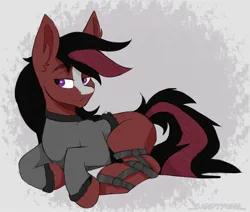 Size: 2048x1736 | Tagged: safe, artist:_candypone_, derpibooru import, oc, unofficial characters only, pony, clothes, image, jpeg, leg brace, lidded eyes, lying down, prone, smiling, solo, sweater