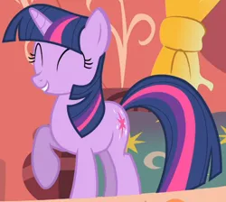 Size: 506x454 | Tagged: safe, derpibooru import, screencap, twilight sparkle, pony, unicorn, owl's well that ends well, season 1, adorkable, cropped, cute, dork, eyes closed, female, golden oaks library, image, library, mare, png, raised hoof, smiling, solo, twiabetes, unicorn twilight