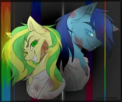 Size: 2048x1713 | Tagged: safe, artist:_candypone_, derpibooru import, oc, oc:wooden toaster, unofficial characters only, pony, fanfic:rainbow factory, blood, clothes, creepy, creepy grin, fanfic art, grin, hair over one eye, image, insanity, jpeg, lab coat, looking at you, smiling