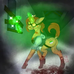 Size: 2000x2000 | Tagged: semi-grimdark, artist:drawingkitty24, derpibooru import, oc, oc:mocha, pony, unicorn, blood, clothes, creepypasta, detailed, female, floppy ears, glow, glowing horn, goggles, horn, image, mare, png, raised tail, simple background, snarling, tail, uniform
