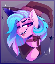 Size: 1536x1790 | Tagged: safe, artist:_candypone_, derpibooru import, oc, unofficial characters only, black widow, pony, spider, bust, cape, choker, clothes, crescent moon, fangs, grin, hat, image, jpeg, looking at you, moon, sketch, smiling, solo, sparkles, witch hat