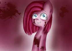 Size: 700x500 | Tagged: semi-grimdark, artist:noah-nyan, derpibooru import, pinkie pie, earth pony, pony, blood, blood stains, bust, female, horror, image, mare, pinkamena diane pie, png, simple background, smiling, standing on two hooves