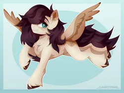 Size: 2048x1536 | Tagged: safe, artist:_candypone_, derpibooru import, pegasus, pony, chest fluff, coat markings, dappled, eye clipping through hair, flying, freckles, image, jpeg, lidded eyes, looking at you, solo, spread wings, unshorn fetlocks, wings