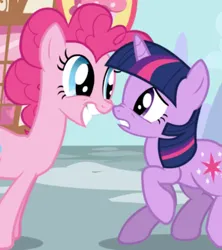 Size: 1078x1212 | Tagged: safe, derpibooru import, screencap, pinkie pie, twilight sparkle, earth pony, pony, unicorn, season 1, the ticket master, cropped, duo, duo female, eye contact, female, grin, image, looking at each other, looking at someone, looking at you, mare, nose to nose, nose wrinkle, png, raised hoof, smiling, unicorn twilight, worried