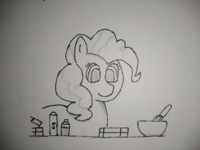 Size: 4160x3120 | Tagged: safe, artist:valuable ashes, derpibooru import, pinkie pie, earth pony, pony, baking, female, image, jpeg, llanera pan, monochrome, smiling, solo, traditional art, whisk