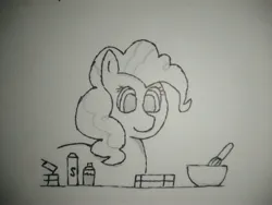 Size: 4160x3120 | Tagged: safe, artist:valuable ashes, derpibooru import, pinkie pie, earth pony, pony, baking, female, image, jpeg, llanera pan, monochrome, smiling, solo, traditional art, whisk