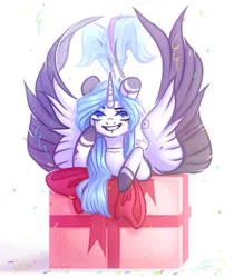 Size: 3198x3800 | Tagged: safe, artist:dreamyrat, derpibooru import, oc, unofficial characters only, alicorn, pony, alicorn oc, animated, blue eyes, blue mane, bow, colored wings, commission, confetti, female, horn, image, looking at you, mare, multiple tails, open mouth, open smile, pink tail, png, present, ribbon, simple background, smiling, tail, two tails, two toned tail, two toned wings, white background, wings