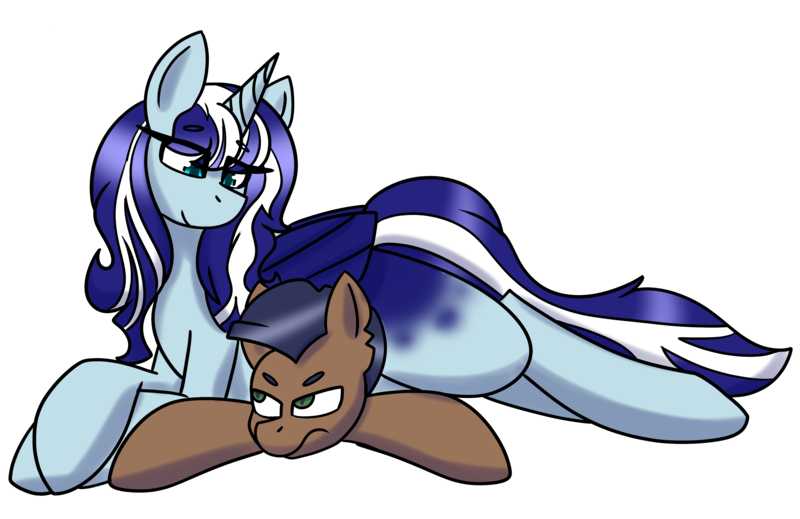 Size: 3936x2552 | Tagged: artist needed, safe, derpibooru import, oc, oc:distant echo, oc:icestorm, alicorn, alicorn oc, blue coat, blue eyes, blue mane, brown coat, glare, green eyes, horn, image, looking at each other, looking at someone, lying down, multicolored mane, multicolored tail, png, prone, sassy, simple background, sitting on, sitting on person, sitting on pony, tail, transparent background, wings