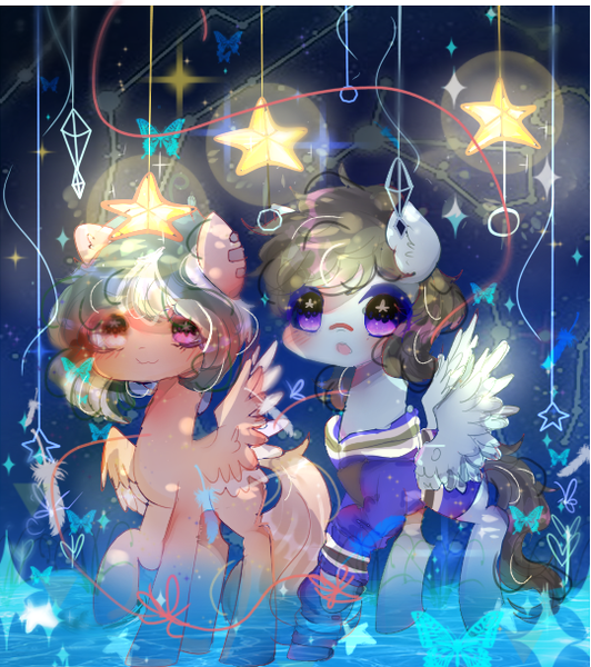 Size: 540x609 | Tagged: safe, artist:magicangelstarartist, derpibooru import, oc, unofficial characters only, butterfly, insect, pegasus, pony, clothes, commission, cute, duo, image, looking forward, png, spread wings, starry eyes, stars, wingding eyes, wings