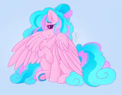 Size: 2117x1643 | Tagged: safe, artist:rand-dums, derpibooru import, oc, unofficial characters only, pegasus, pony, chest fluff, hair over one eye, image, jpeg, lidded eyes, looking at you, sitting, solo, spread wings, underhoof, wings