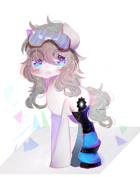 Size: 492x621 | Tagged: safe, artist:magicangelstarartist, derpibooru import, oc, unofficial characters only, earth pony, pony, cute, female, goggles, goggles on head, image, looking at you, mare, mechanic, png, simple background, solo, starry eyes, wingding eyes