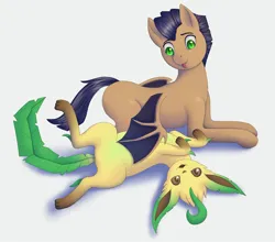 Size: 2521x2222 | Tagged: artist needed, safe, derpibooru import, oc, oc:distant echo, bat pony, leafeon, pony, bellyrubs, image, looking at you, lying down, on back, png, pokémon, simple background, white background, wing hands, wings