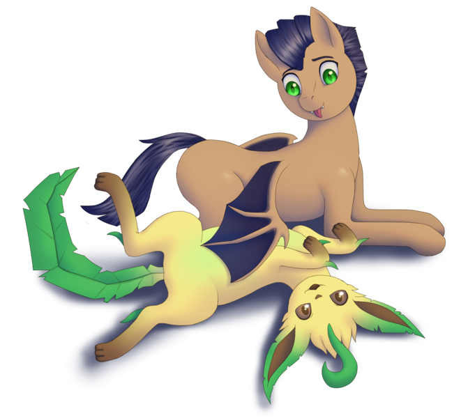 Size: 2521x2222 | Tagged: artist needed, safe, derpibooru import, oc, oc:distant echo, bat pony, leafeon, pony, bellyrubs, image, looking at you, lying down, on back, png, pokémon, simple background, transparent background, wing hands, wings