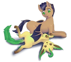 Size: 2521x2222 | Tagged: artist needed, safe, derpibooru import, oc, oc:distant echo, bat pony, leafeon, pony, bellyrubs, image, looking at you, lying down, on back, png, pokémon, simple background, transparent background, wing hands, wings