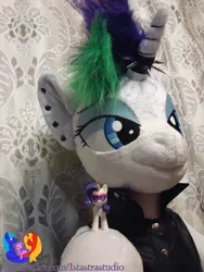 Size: 2304x3072 | Tagged: safe, artist:1stastrastudio, derpibooru import, rarity, pony, unicorn, alternate hairstyle, bipedal, clothes, commission, ear piercing, earring, female, horn, image, irl, jewelry, jpeg, mare, photo, piercing, plushie, punk, raripunk, solo, vest