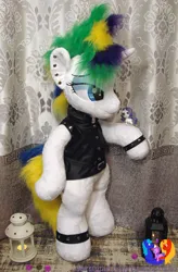 Size: 2011x3072 | Tagged: safe, artist:1stastrastudio, derpibooru import, rarity, pony, unicorn, alternate hairstyle, bipedal, clothes, commission, ear piercing, earring, female, horn, image, irl, jewelry, jpeg, mare, photo, piercing, plushie, punk, raripunk, solo, vest