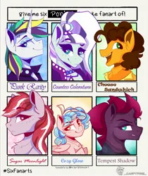 Size: 1716x2040 | Tagged: safe, artist:_candypone_, derpibooru import, cheese sandwich, coloratura, cozy glow, rarity, sugar moonlight, tempest shadow, earth pony, pegasus, pony, unicorn, alternate hairstyle, broken horn, eyebrows, eyebrows visible through hair, g5, horn, image, jpeg, lidded eyes, looking at you, open mouth, open smile, punk, raripunk, smiling, unamused